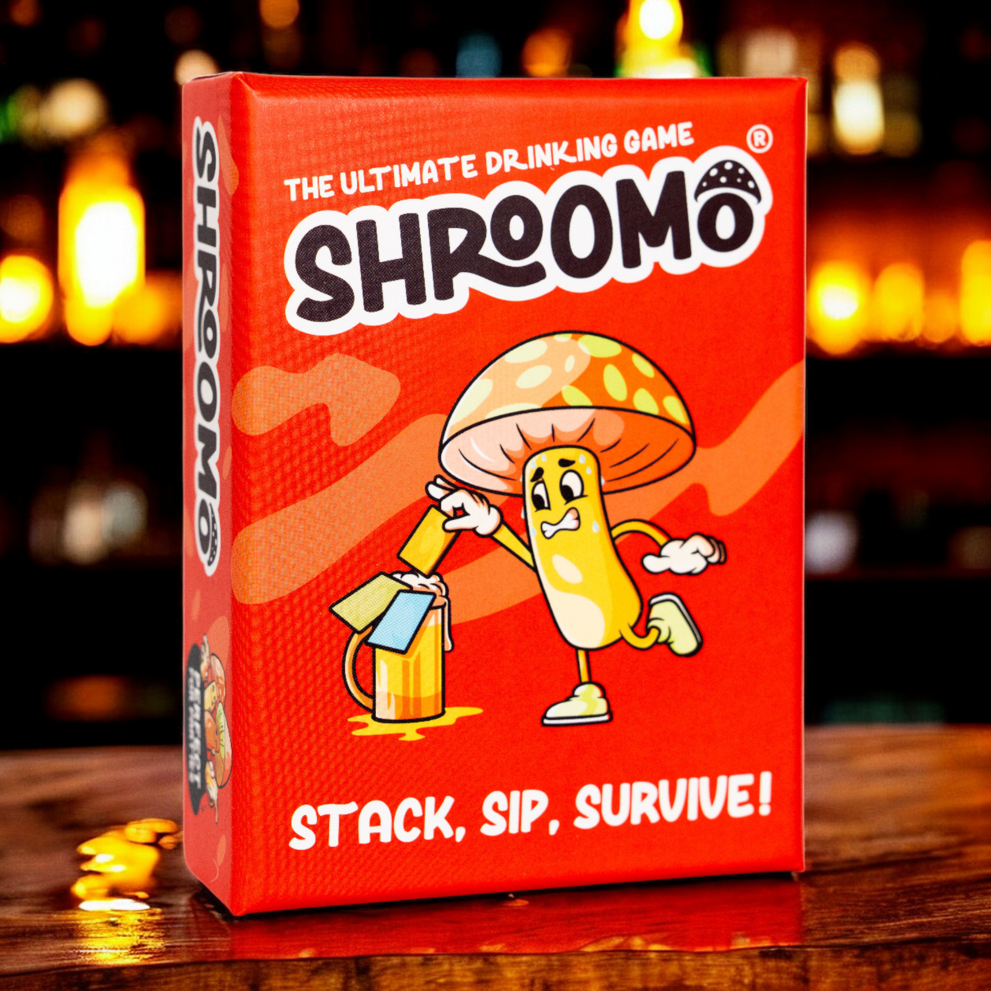 Shroomo drinking game box on a bar table, an ideal Secret Santa gift and stocking filler under £15